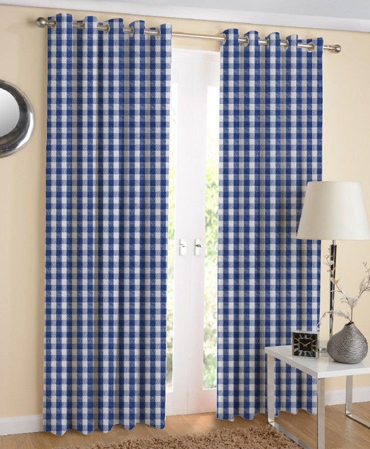 Cotton Gingham Check Blue 7ft Door Curtains Pack Of 2 freeshipping - Airwill
