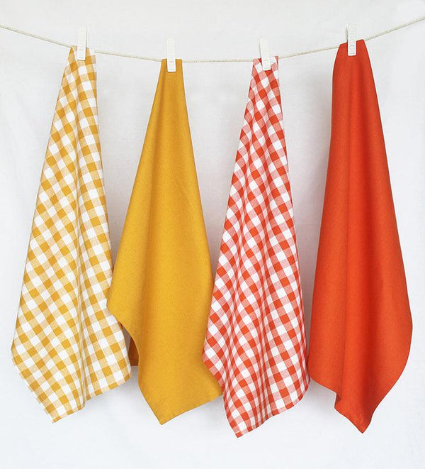 Cotton Gingham Check Yellow and Orange Kitchen Towels Pack Of 4 freeshipping - Airwill