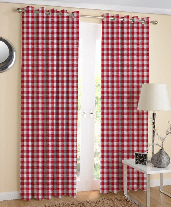 Cotton Gingham Check Red 7ft Door Curtains Pack Of 2 freeshipping - Airwill