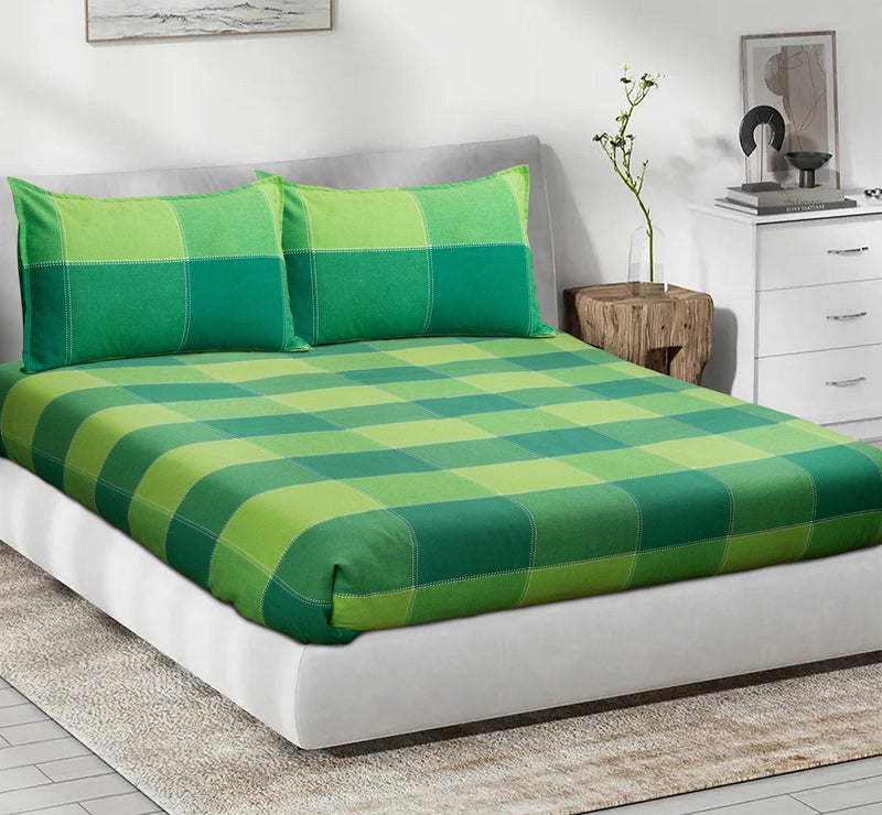 Cotton Double Checkered Bedsheet with 2 Pillow Covers (Pack of 3, Green) - Airwill