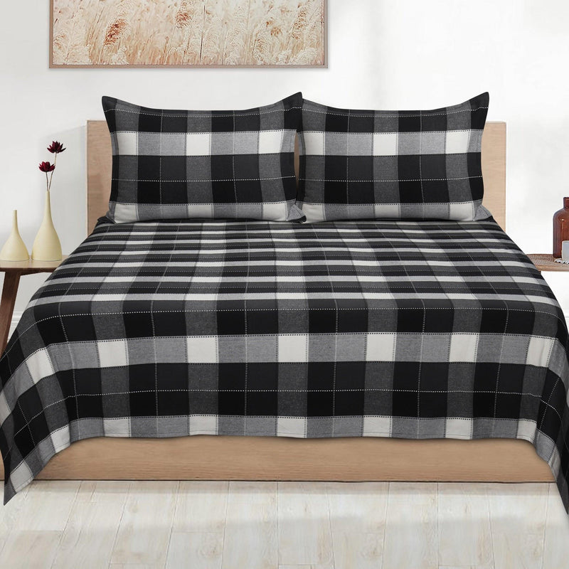 Cotton Double Checkered Bedsheet with 2 Pillow Covers (Pack of 3, Black) - Airwill
